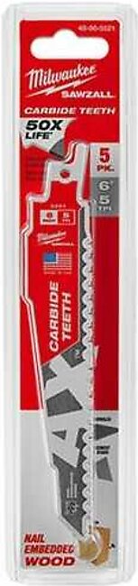 Milwaukee 6" 5 TPI Ax Carbide Sawzall Reciprocating Saw Blade (5 Pack) 48-00-5521