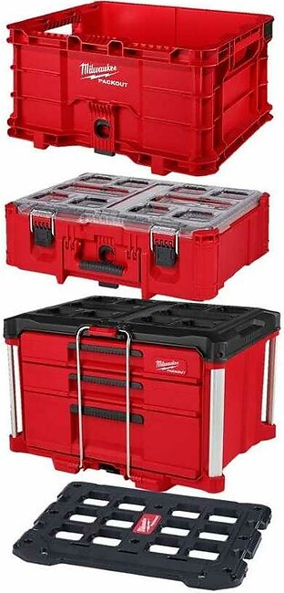 Milwaukee PACKOUT Mounting Plate & PACKOUT Multi-Depth 3-Drawer Tool Box, PACKOUT Crate & PACKOUT Deep Organizer