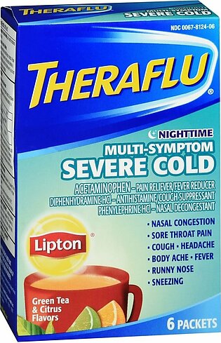 Theraflu Nighttime Multi-Symptom Severe Cold Packets Lipton Green Tea & Citrus Flavors – 6 EA