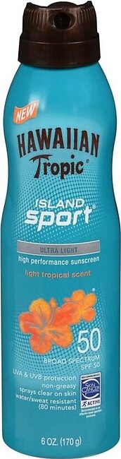 Hawaiian Tropic Island Sport Ultra Light High Performance Sunscreen Spray SPF 50 Light Tropical Scent – 6 OZ