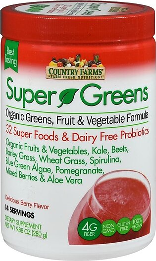 Country Farms Super Greens Organic Greens, Fruit & Vegetable Formula Powder Delicious Berry Flavor – 10.6 OZ