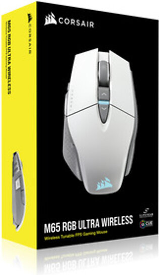 CORSAIR M65 RGB Ultra Wireless White Tunable FPS Gaming Mouse, CORSAIR MARKSMAN 26,000 DPI Optical Sensor, iCUE Software.