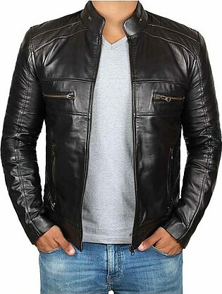 Men’s Real Leather Black Cafe Racer Jacket | Motorcycle Jacket