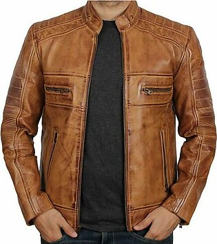 Austin Men’s Distressed Tan Leather Biker Jacket