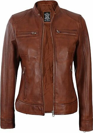 Dodge Women’s Cognac Waxed Real Leather Biker Jacket