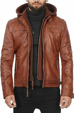 Men’s Quilted Tan Waxed Leather Jacket With Removable Hood