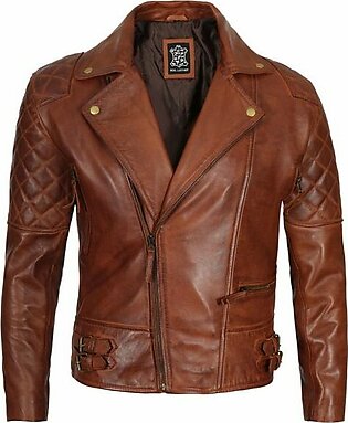 Men’s Quilted Cognac Waxed Leather Motorcycle Jacket