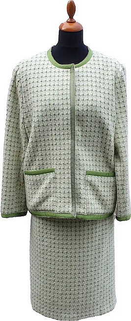 Woman's Wool Boucle Green Check Two Piece Costume | Elegant Jacket And Skirt Combo | Classic Saw Tooth Check Skirt And Jacket Two Piece
