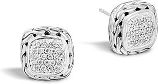 John Hardy Classic Chain Small Square Pave Diamond Silver Earrings