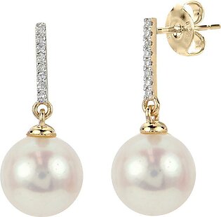 14K Gold 8.5-9mm Cultured Freshwater Pearl and Diamond Drop Earrings