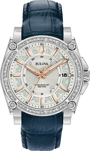 Bulova "Precisionist" 2-Tone Silvertone Women's Blue Leather Watch