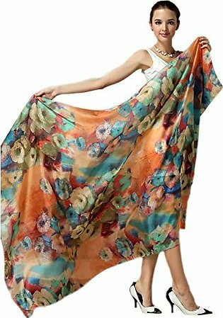 Women Fashion Silk Scarf Oblong Floral Oversize Soft Shawl Beach Wrap Colorful