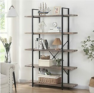 Homissue 5-Tier Bookshelf，Vintage Industrial Book Shelf, Rustic Wood and Metal Bookcase and Bookshelves, Display Rack and Storage Shelf for Living