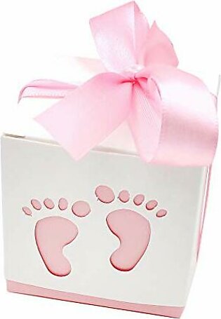 50 Pcs Cute Newborn Baby Footprints Candy Boxes with Ribbon Baby Shower Candy Box Party Table Decor Birthday Party Gift Favor(Pink)