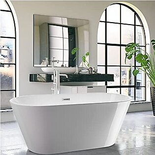 Vanity Art 59" X 29.5" Non-Slip White Acrylic Freestanding Bathtub Modern Stand Alone Soaking Tub with Chrome Overflow and Pop-up Drain, UPC Certified VA6815-NSW