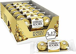 Ferrero Rocher Fine Hazelnut Milk Chocolate, 3 Count, Pack of 12 Individually Wrapped Chocolate Candy Gifts, 1.3 Oz