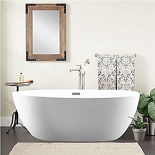 Vanity Art Freestanding White Acrylic Bathtub Modern Stand Alone Soaking Tub with Polished Chrome UPC Certified Slotted Overflow and Pop-up Drain